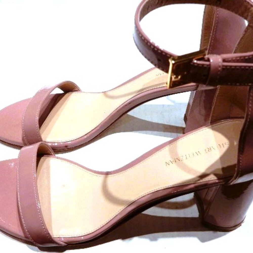 Stuart Weitzman Nudist Block 75M Heel Sandals in Mauve Pink Patent Leather